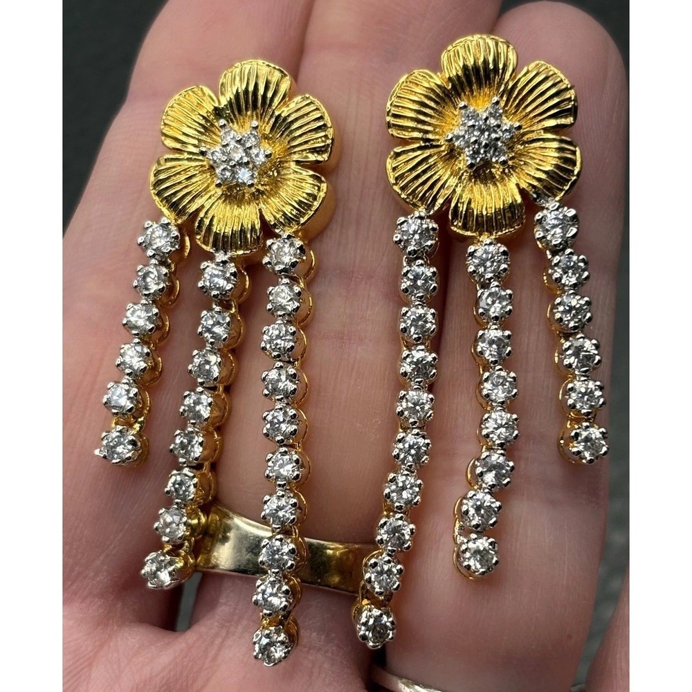 Gorgeous Cubic Zirconia Flower Gold Plated Chandelier Drop Pierced Earrings
